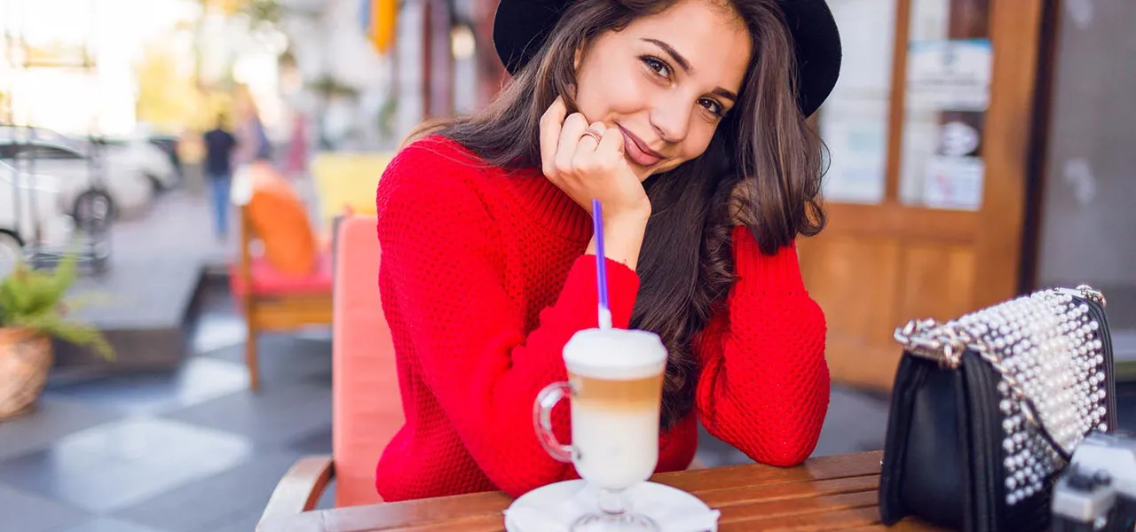 Fashionable Woman In Red Sweater Posing In Cafe 72Dpi